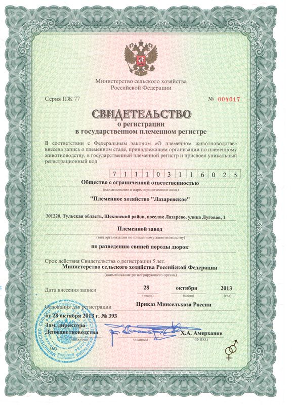 О регистрации в государственном племенном регистре по разведению свиней породы дюрок, 2013 г.